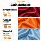 ZAKIRO — stocks indiqués : rouge bordeaux 10 m ; orange réf. 002 18 m ; bleu ciel réf. 003 38 m.