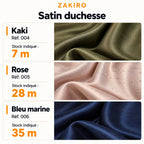 Kaki — Réf. 004 — Stock indiqué : 7 m ; Rose — Réf. 005 — Stock indiqué : 28 m ; Bleu marine — Réf. 006 — Stock indiqué : 35 m