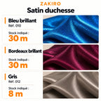 ZAKIRO — bleu brillant 30 m ; bordeaux brillant 30 m ; gris 8 m. Stocks indiqués.