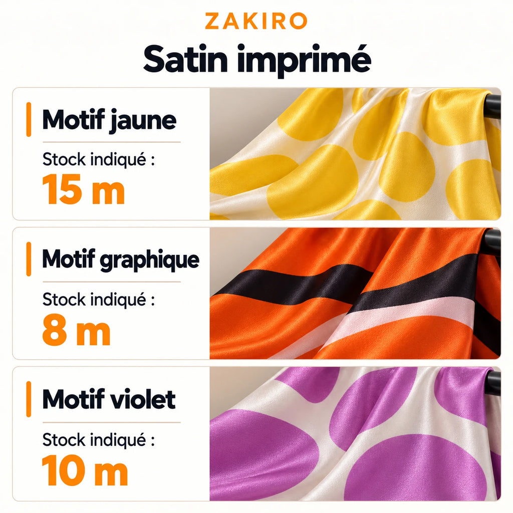 ZAKIRO — satin imprimé : motif jaune 15 m ; motif graphique 8 m ; motif violet 10 m. Stocks indiqués.