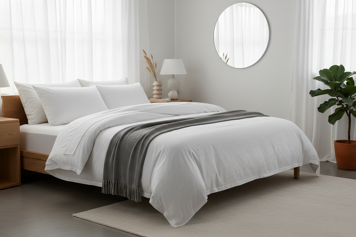 Housse de couette 100 % coton ZAKIRO en Blanc craie dans une chambre lumineuse et minimaliste