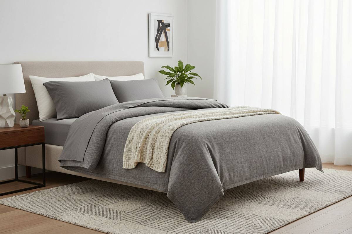 Housse de couette 100 % coton ZAKIRO en Gris perle dans une chambre apaisée