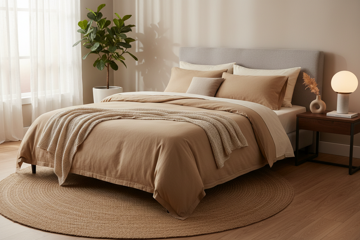 Housse de couette 100 % coton ZAKIRO en Sable dans une chambre chaleureuse