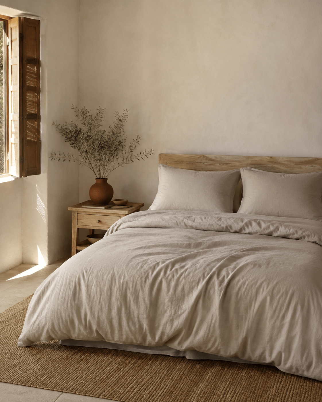 Housse de couette ZAKIRO 100 % coton greige dans une chambre naturelle