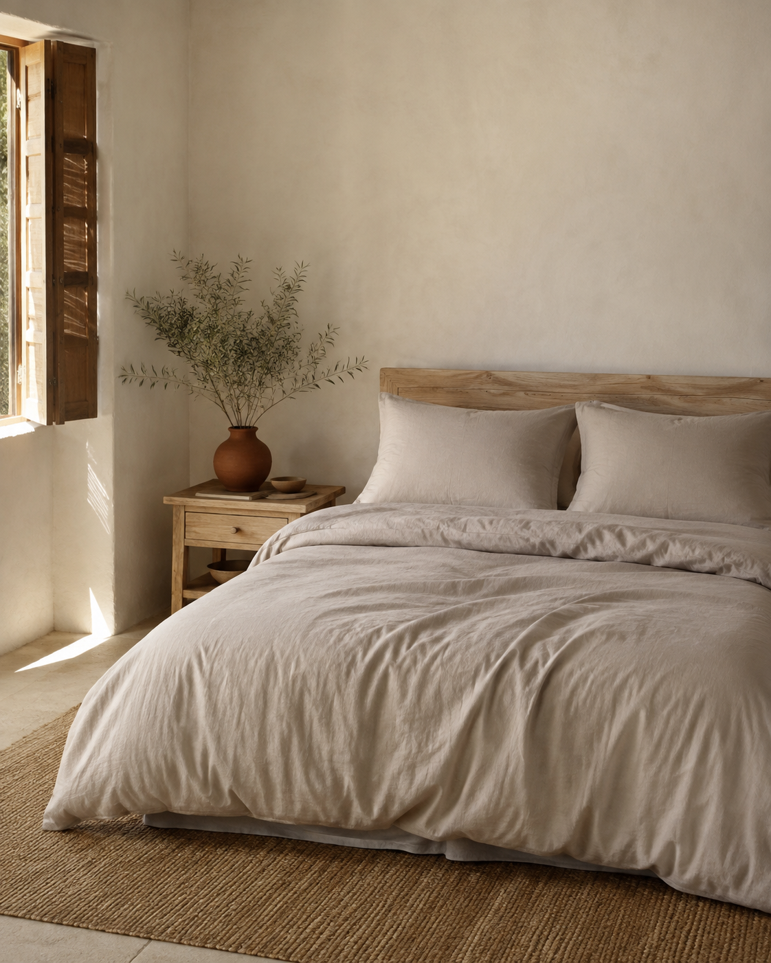 Housse de couette ZAKIRO 100 % coton greige dans une chambre naturelle