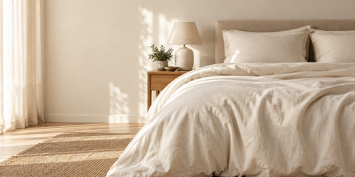 Scène illustrative ZAKIRO : lit en coton beige dans une chambre lumineuse.
