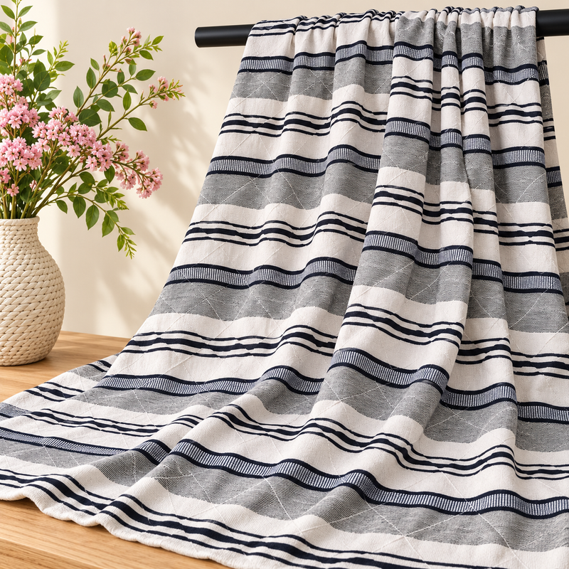Tissu coton au mètre — rayures blanches, grises et noires
