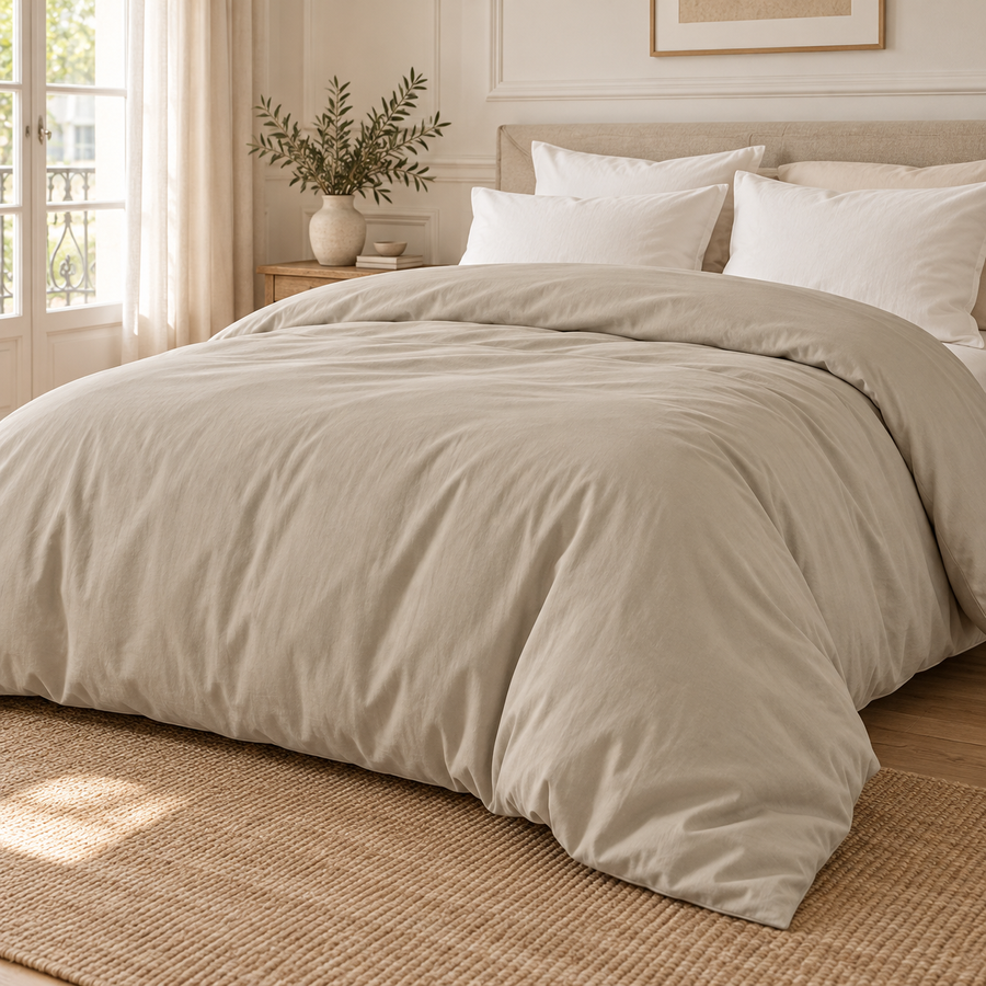Mise en scène illustrative de la housse de couette ZAKIRO beige