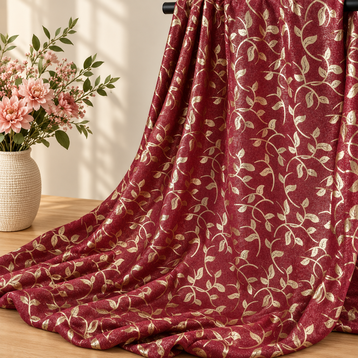 Tissu polyester Bordeaux à feuillage doré sur barre noire avec fleurs