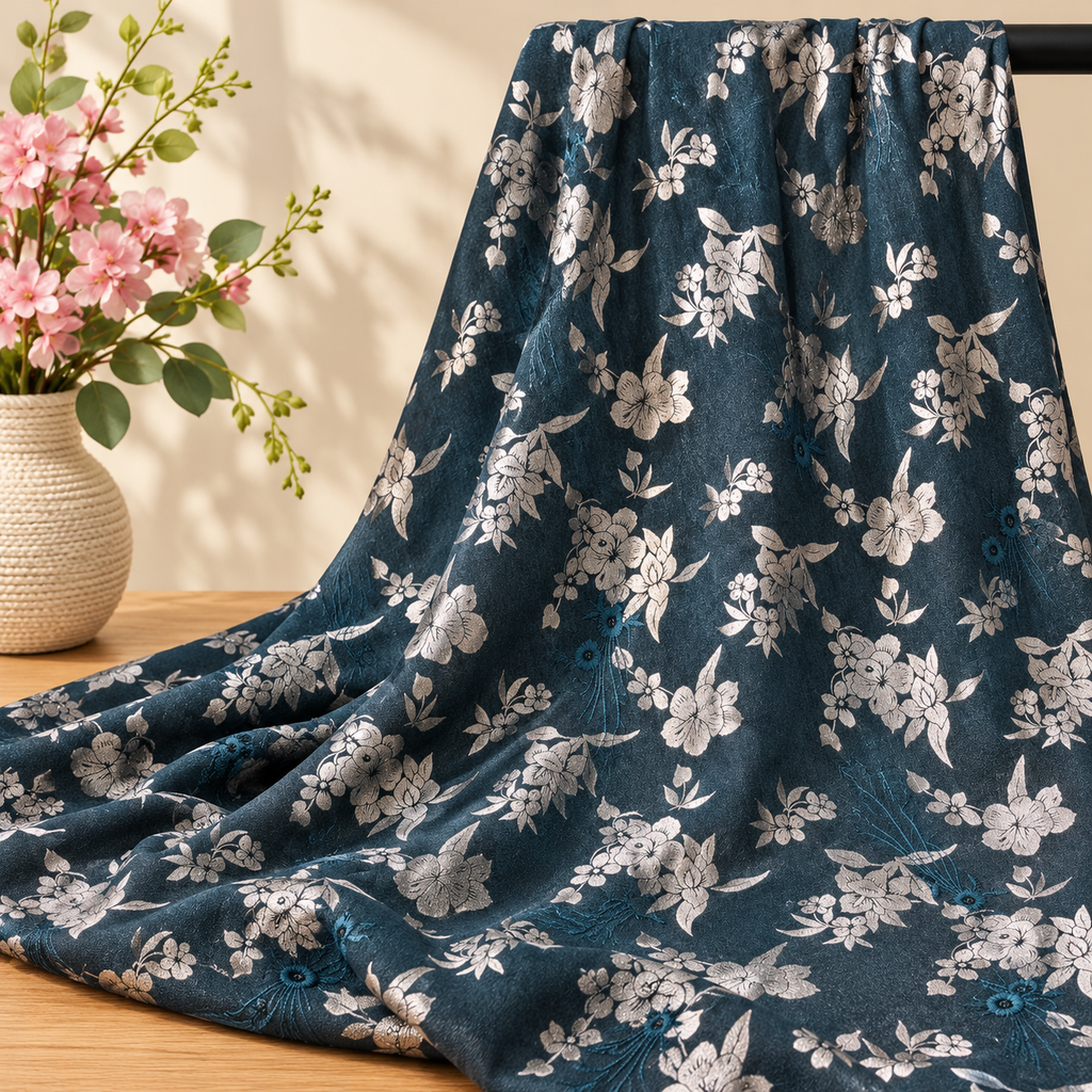 Tissu polyester Bleu pétrole à fleurs argentées sur barre noire avec fleurs
