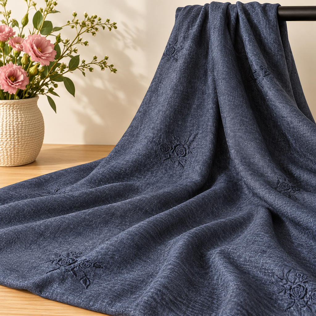 Tissu polyester Gris anthracite à broderies ton sur ton sur barre noire avec fleurs