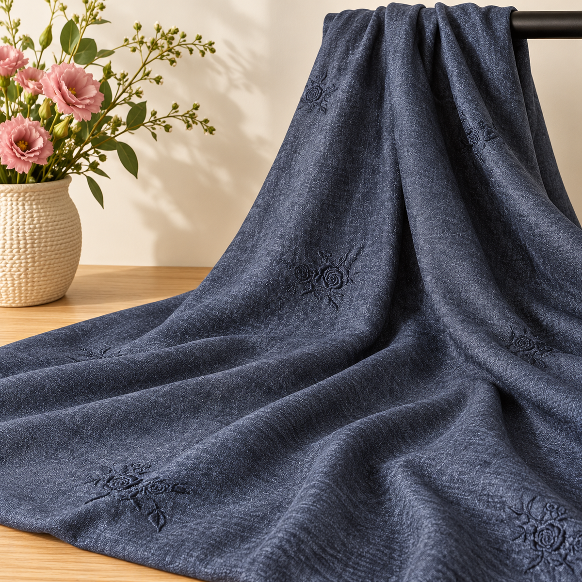 Tissu polyester Gris anthracite à broderies ton sur ton sur barre noire avec fleurs