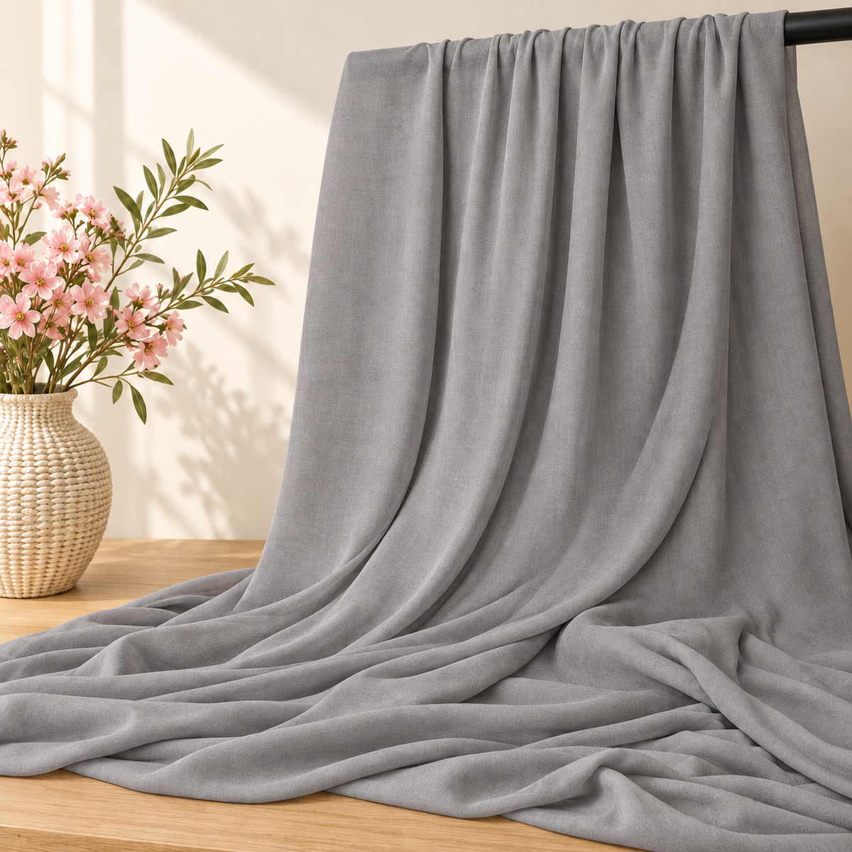 Tissu polyester gris uni sur barre noire avec fleurs