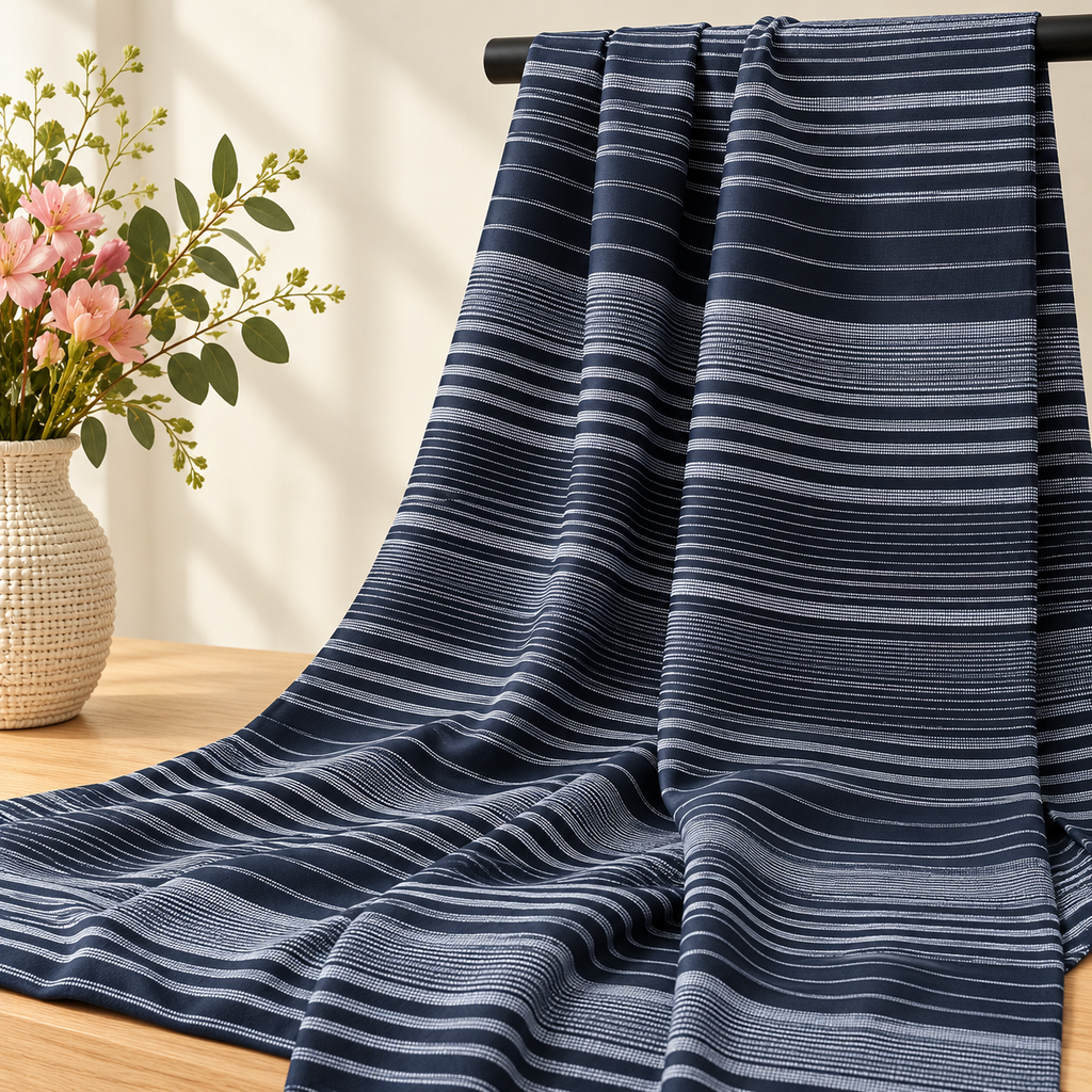 Tissu polyester Noir à rayures claires sur barre noire avec fleurs