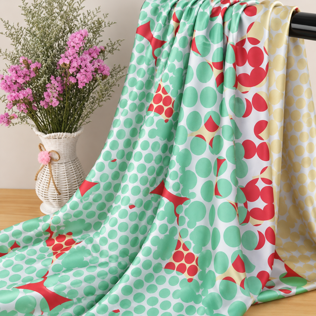 Mise en scène illustrative — Tissu satin imprimé floral — jaune floral, drapé sur une barre