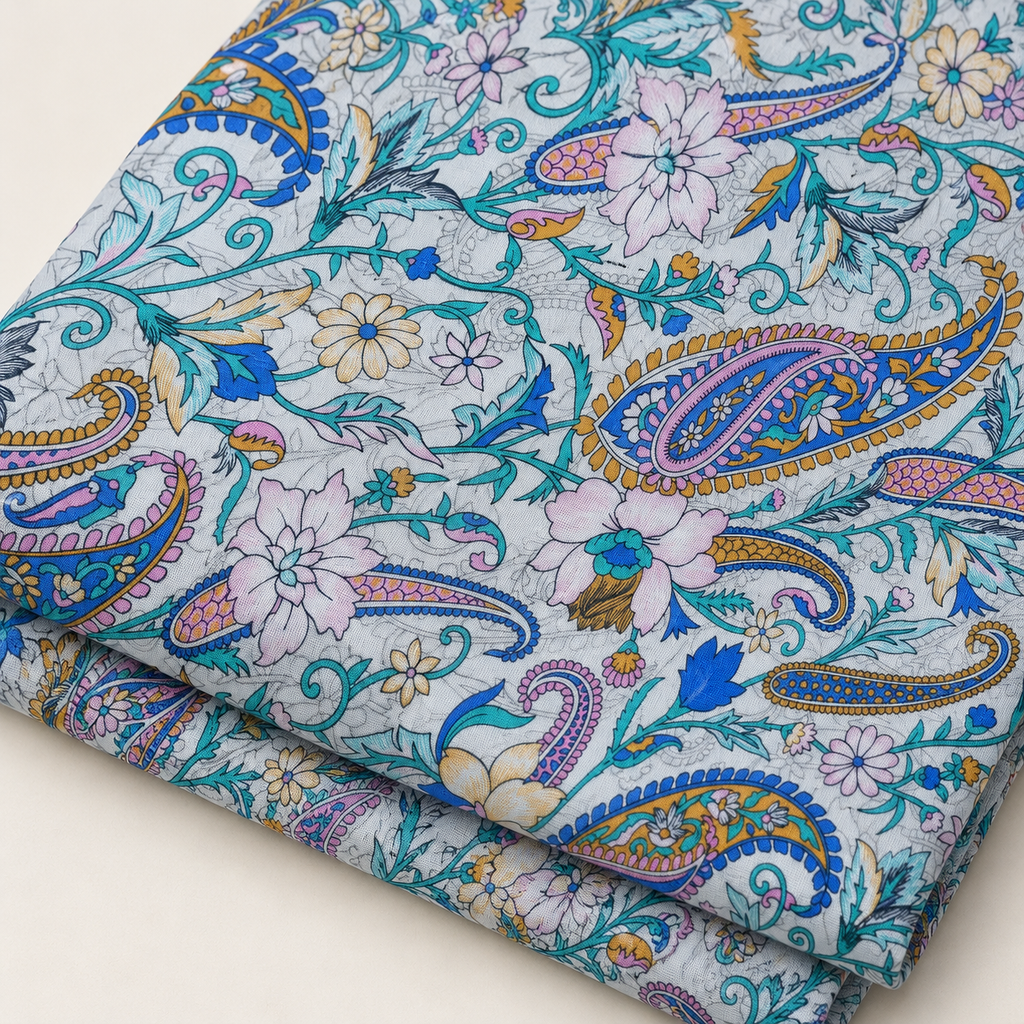 Mise en scène illustrative du tissu fleuri cachemire plié