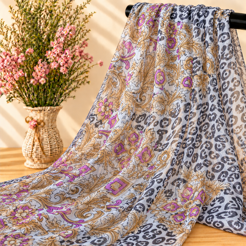Mise en scène illustrative du tissu transparent léopard et arabesques sur barre noire avec fleurs