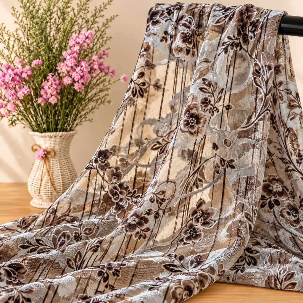 Mise en scène illustrative du velours transparent beige marron drapé sur barre noire avec fleurs